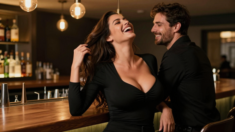 Selbstbewusster Mann im Gespräch mit attraktiver Frau, beide lachen, moderne Bar-Atmosphäre